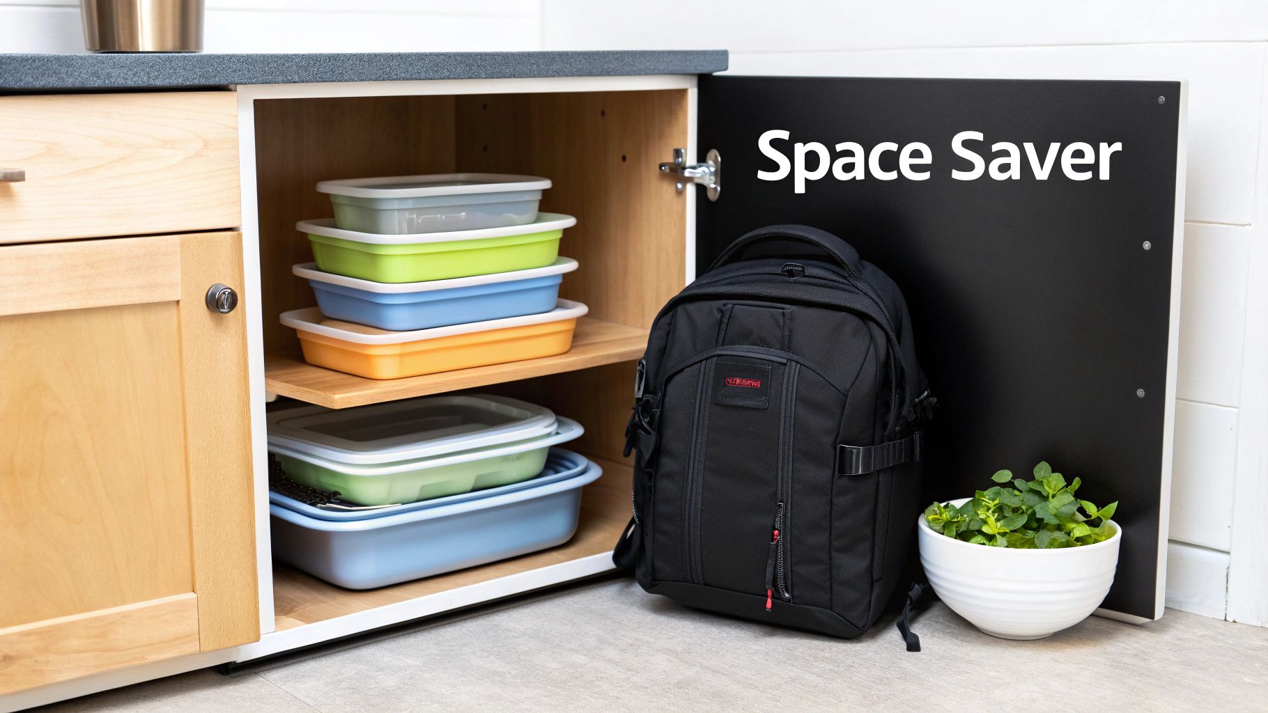 Colorful collapsible food storage containers neatly organized on shelves inside a kitchen cabinet, with a backpack nearby.