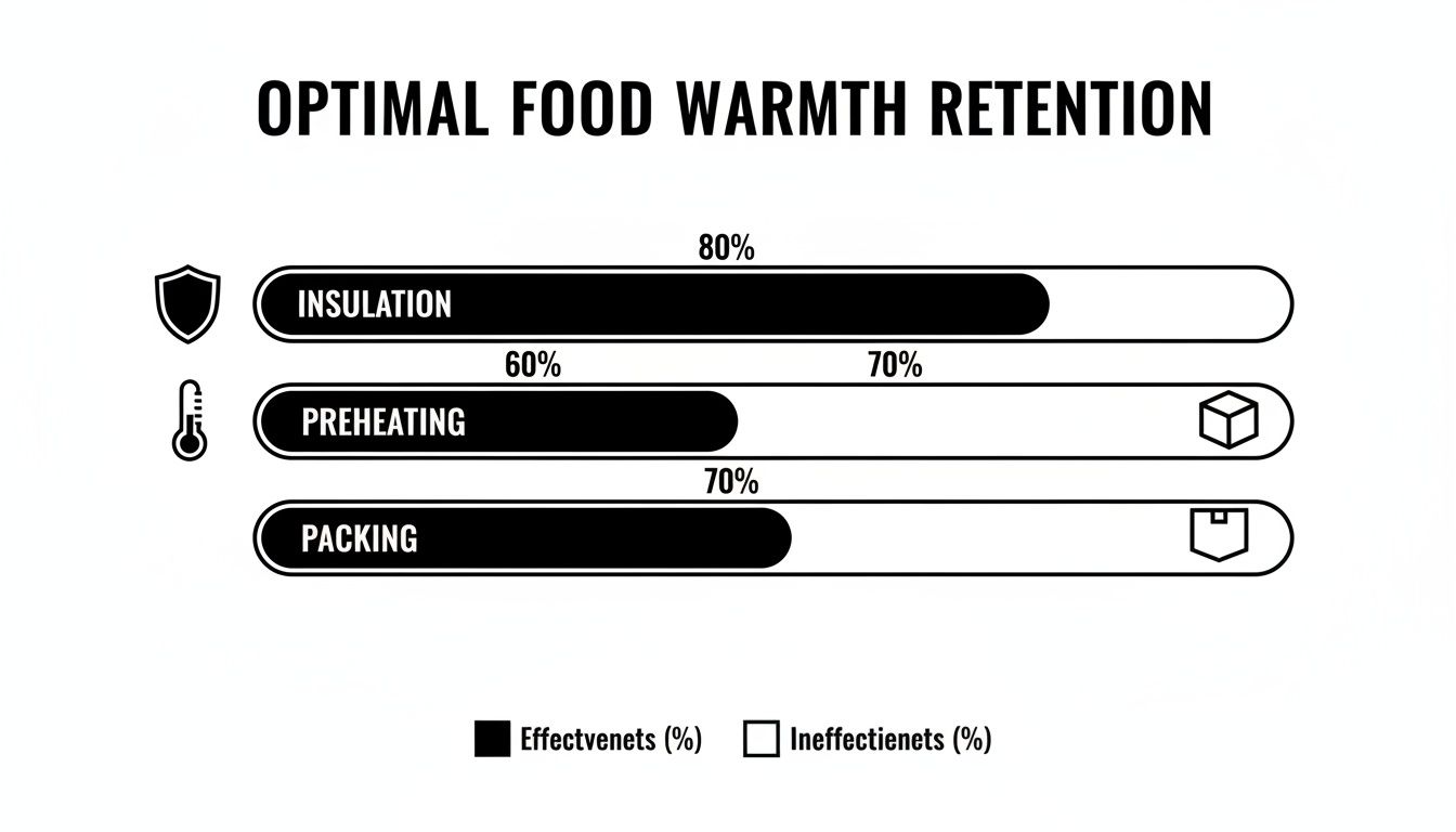 Infographic showing food warmth retention strategies: insulation 80%, preheating 60%, packing 70%.