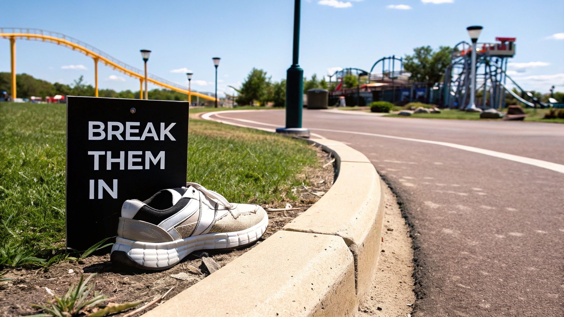 Running shoes and motivational sign saying break them in near amusement park roller coasters