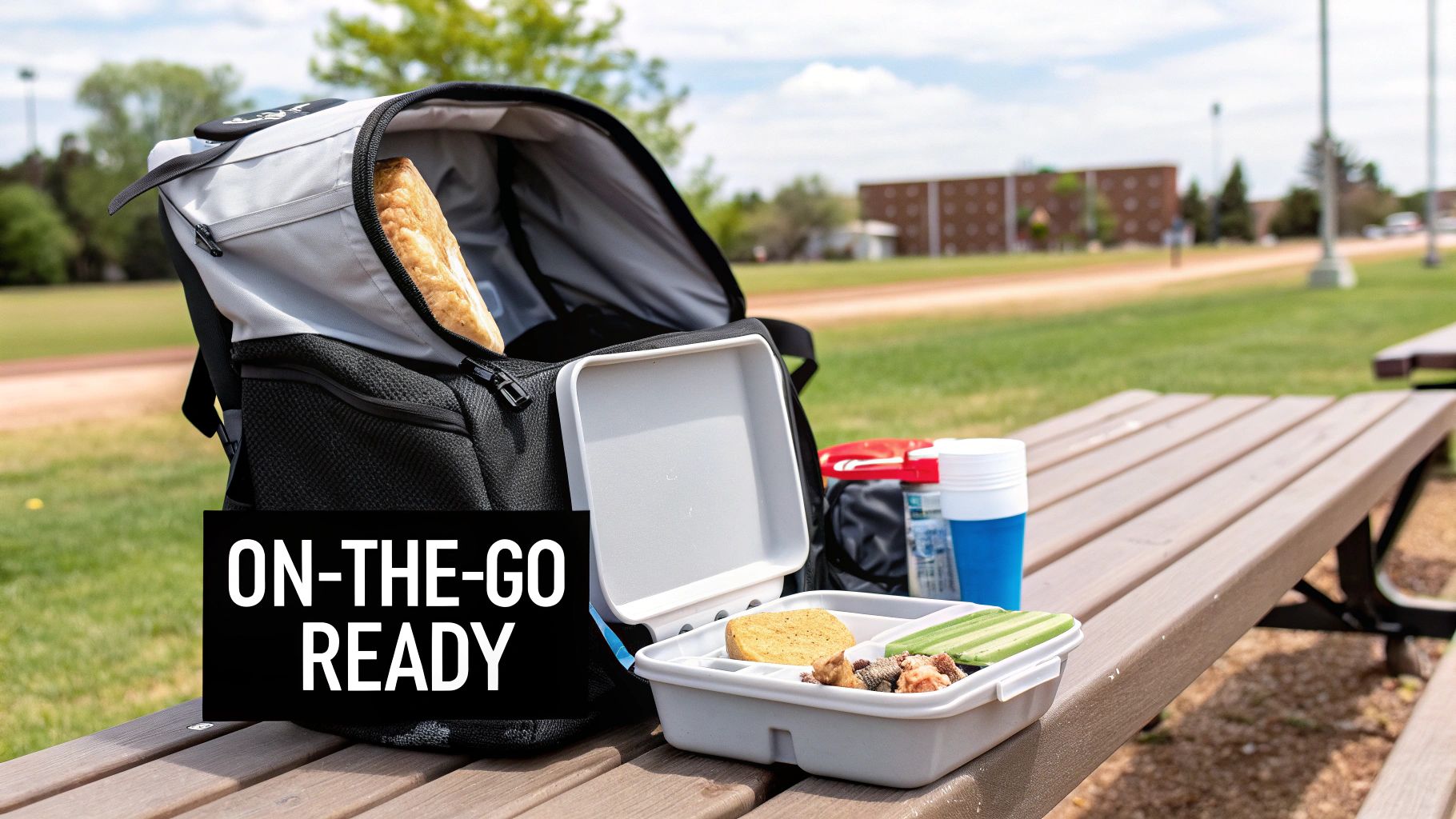 Lunch container with food and cooler bag on a picnic table for an on-the-go meal.