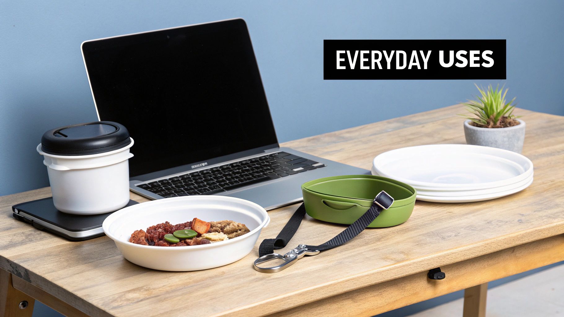 A wooden desk with a laptop, reusable coffee cup, food bowl, green collapsible bowl, and plates for everyday use.