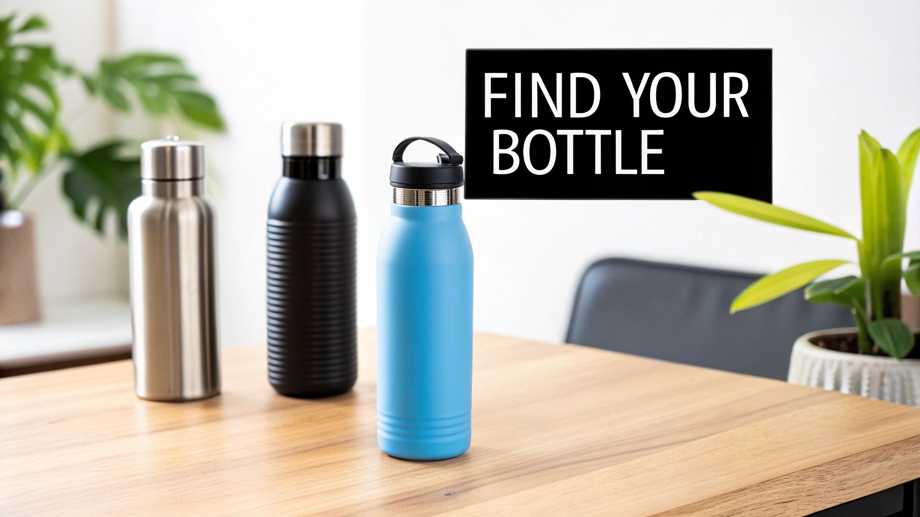 Person holding a blue collapsible water bottle in front of a scenic mountain lake