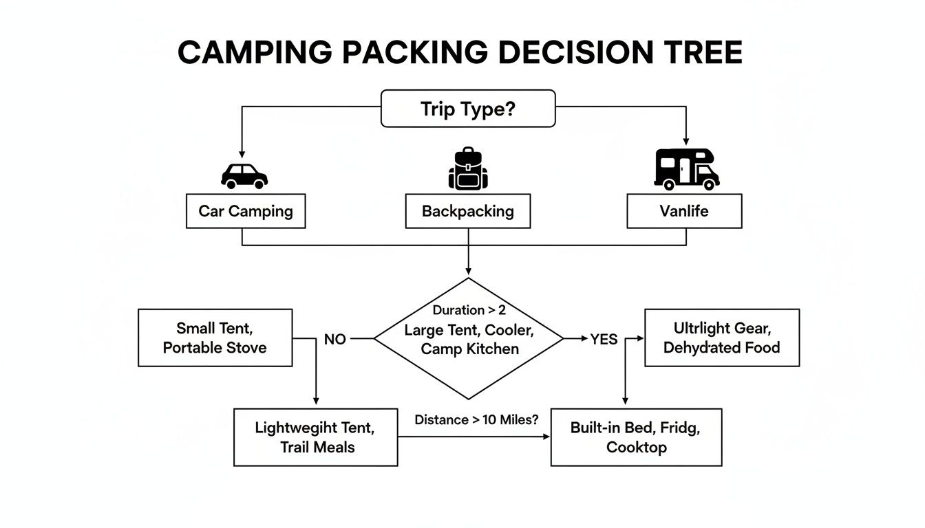 A camping packing decision tree flowchart showing gear recommendations based on trip type, duration, and distance.