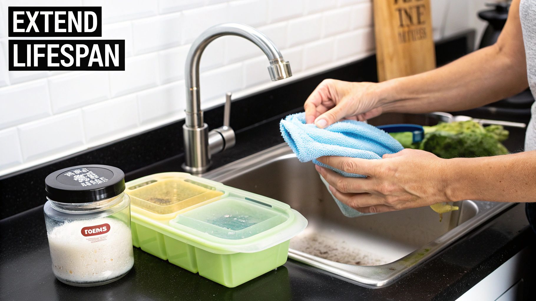 A person cleans a blue cloth over a kitchen sink, next to eco-friendly meal prep containers and a jar.