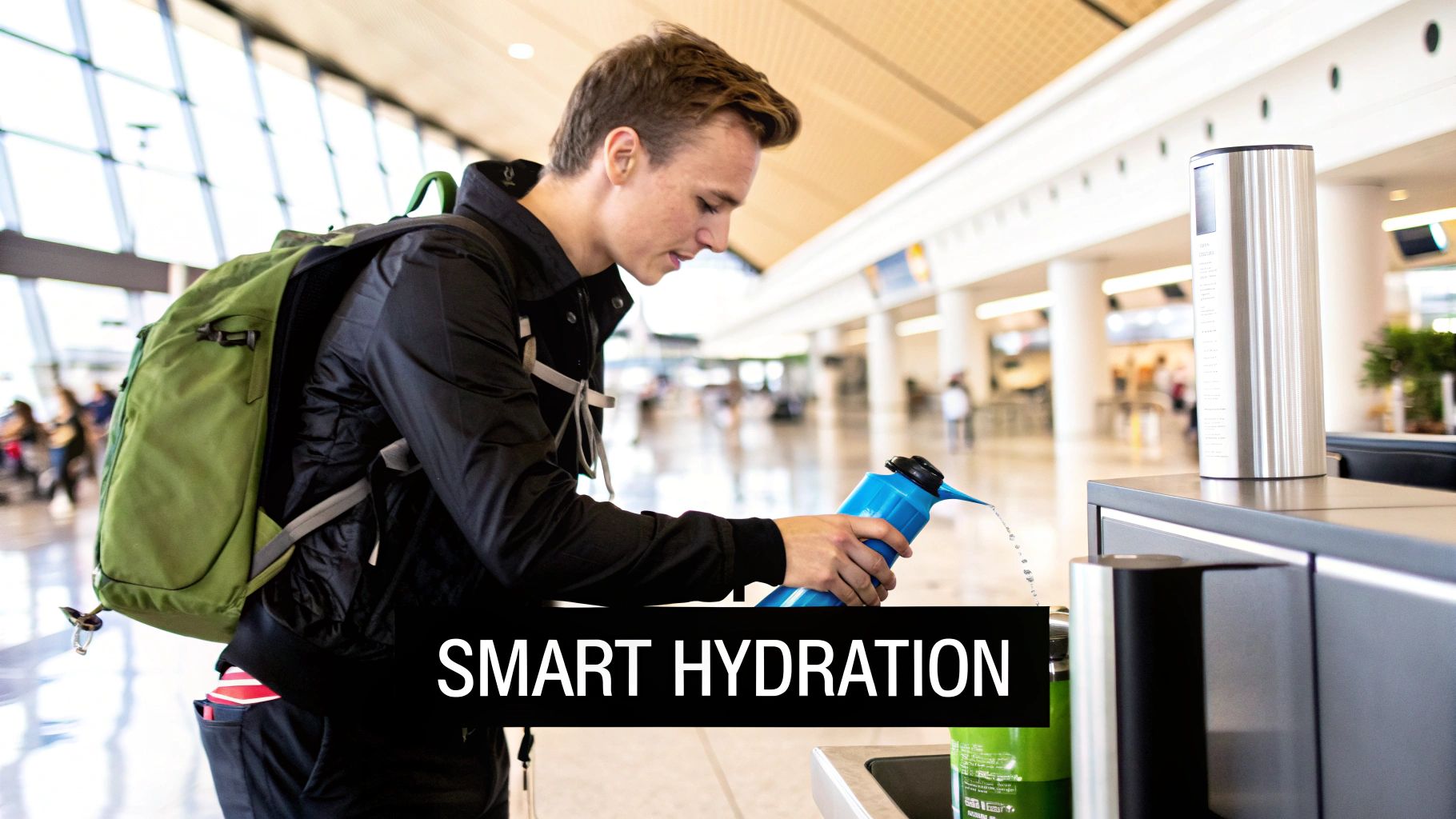 A person holding a collapsed HYDAWAY water bottle next to a passport and phone, showing its compact size for travel.