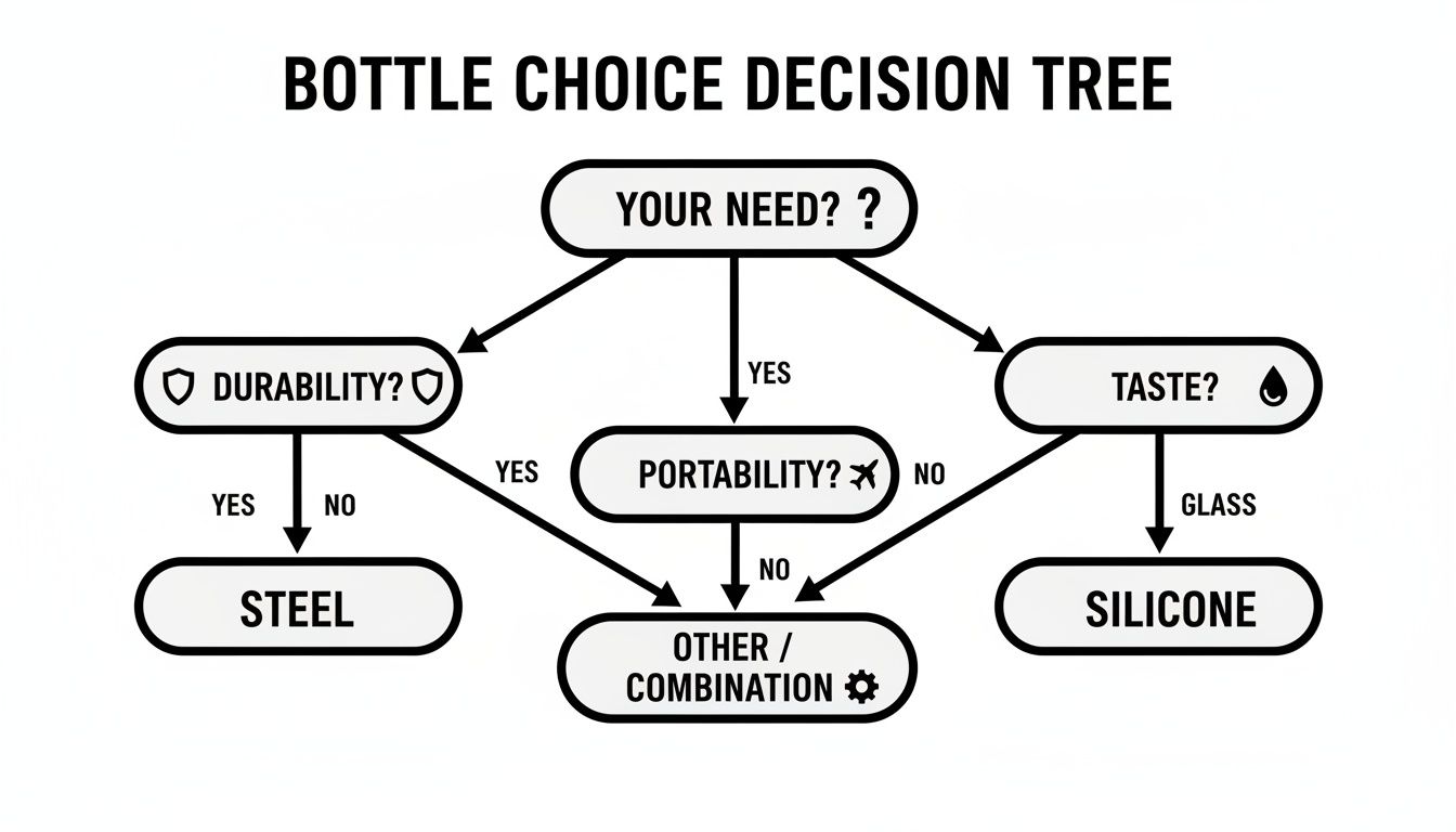 A bottle choice decision tree flowchart guides users based on durability, portability, and taste preferences.