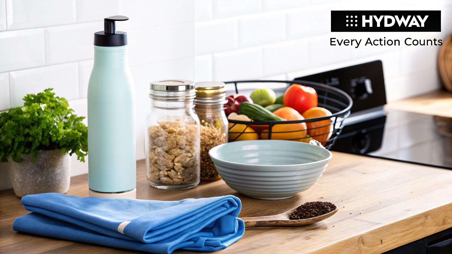 A kitchen counter displaying a reusable bottle, fresh produce, bulk foods, and a blue cloth for sustainable living.
