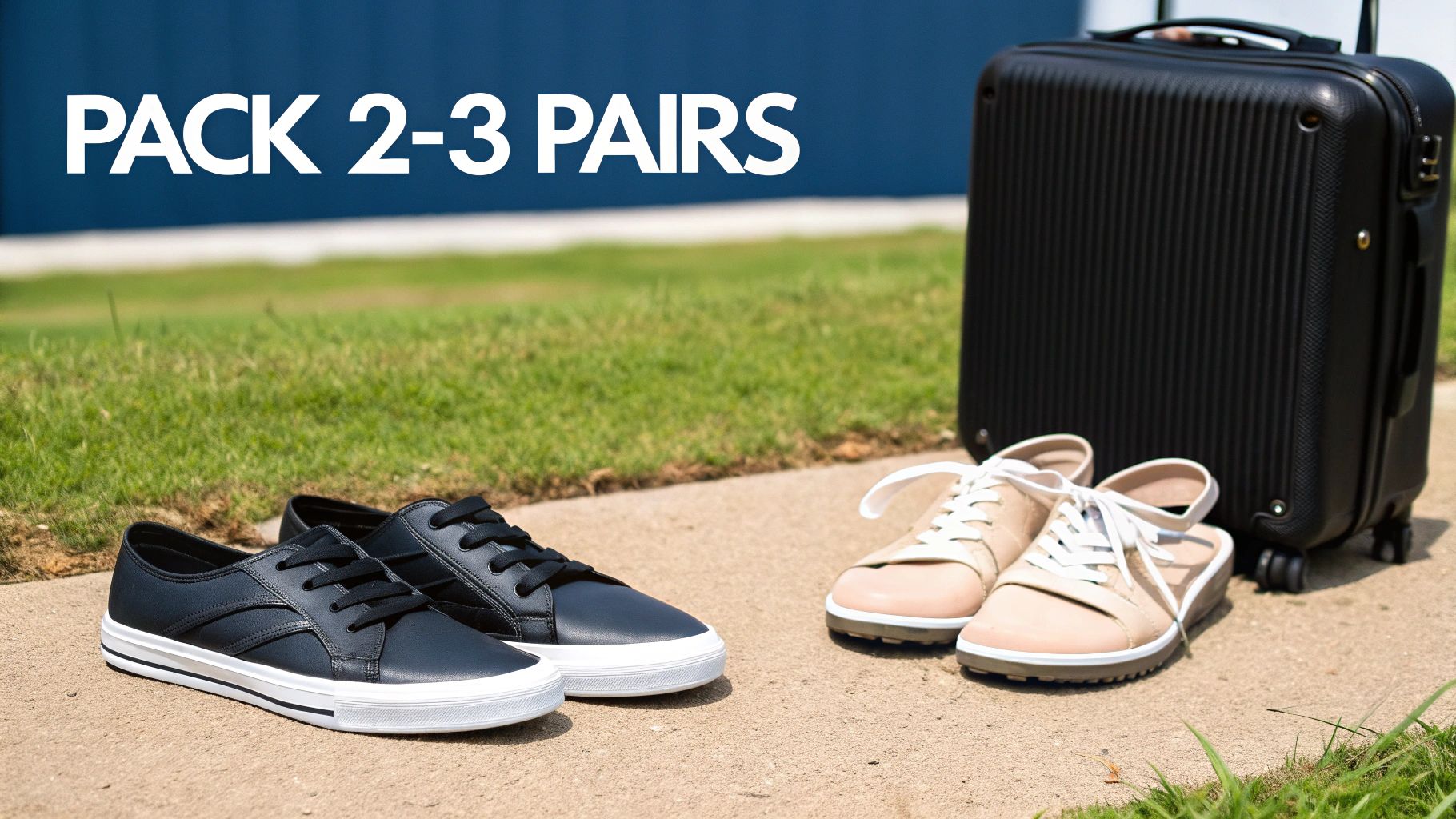 Two pairs of travel shoes (black and beige) and a black suitcase on a sidewalk, with text 'PACK 2-3 PAIRS'.
