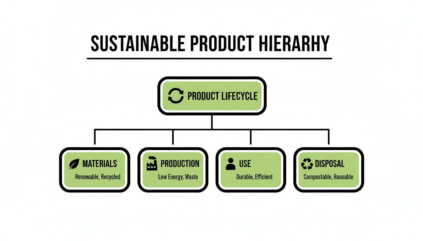 Diagram illustrating the sustainable product hierarchy, outlining the product lifecycle and its key stages.