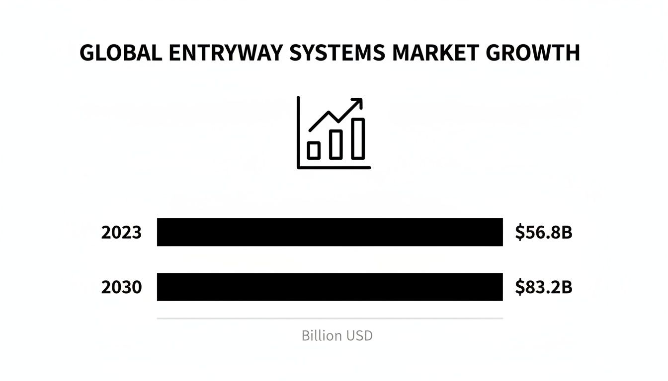 Global entryway systems market growth chart shows $56.8B in 2023, growing to $83.2B by 2030.