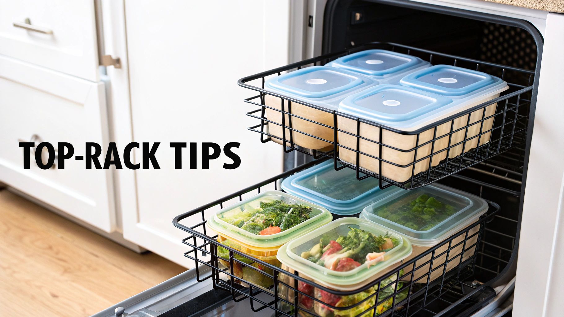 Meal prep containers with food, ready for washing on a dishwasher's top and bottom racks.