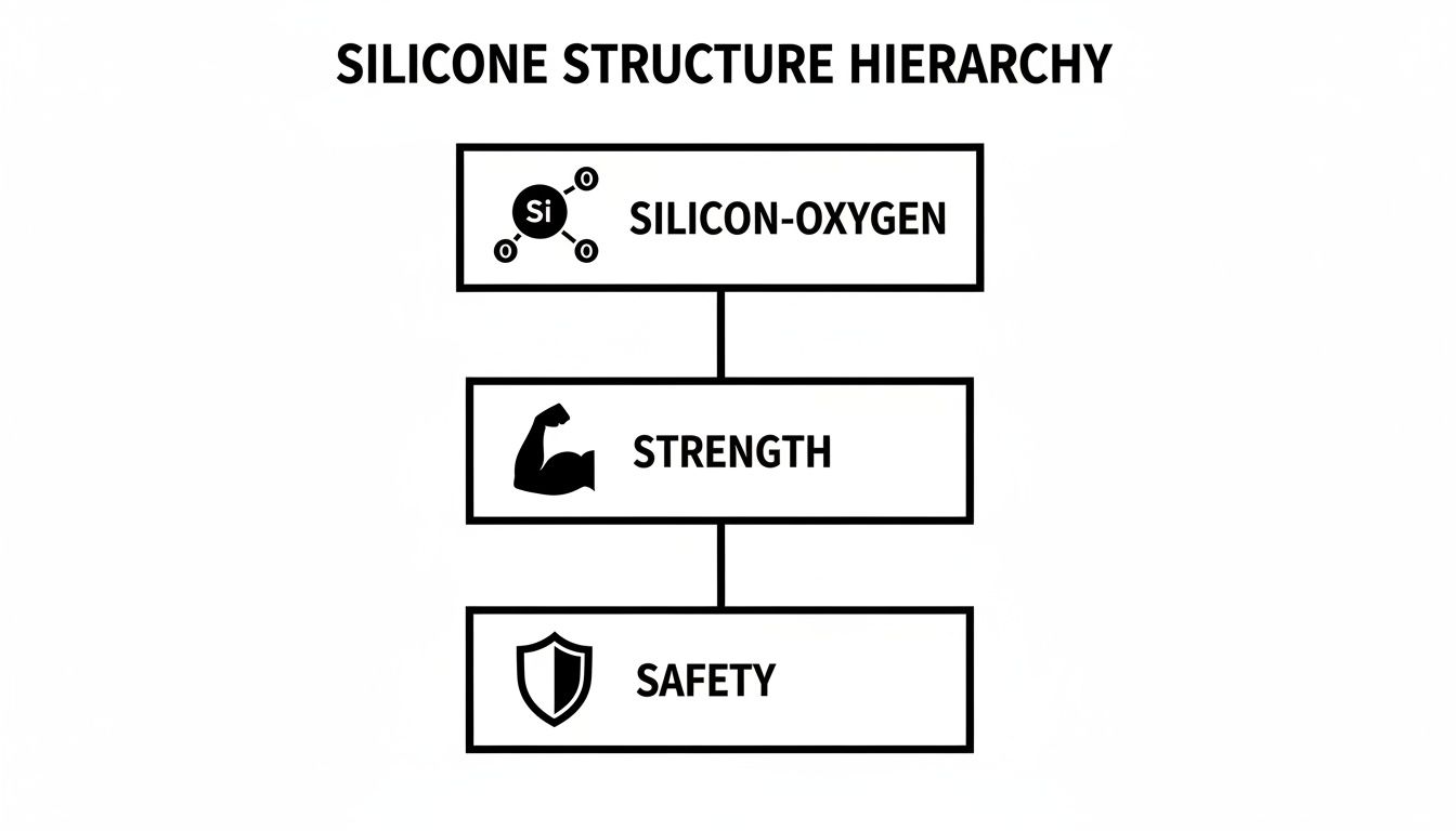 Visual hierarchy diagram of silicone, showing silicon-oxygen leading to strength and then safety.