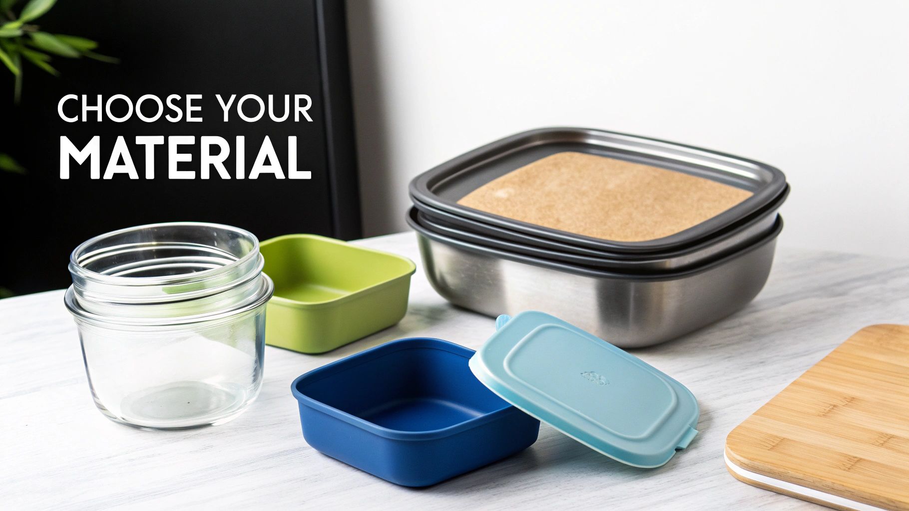 A selection of meal prep containers in different materials: glass, plastic, silicone, and stainless steel.