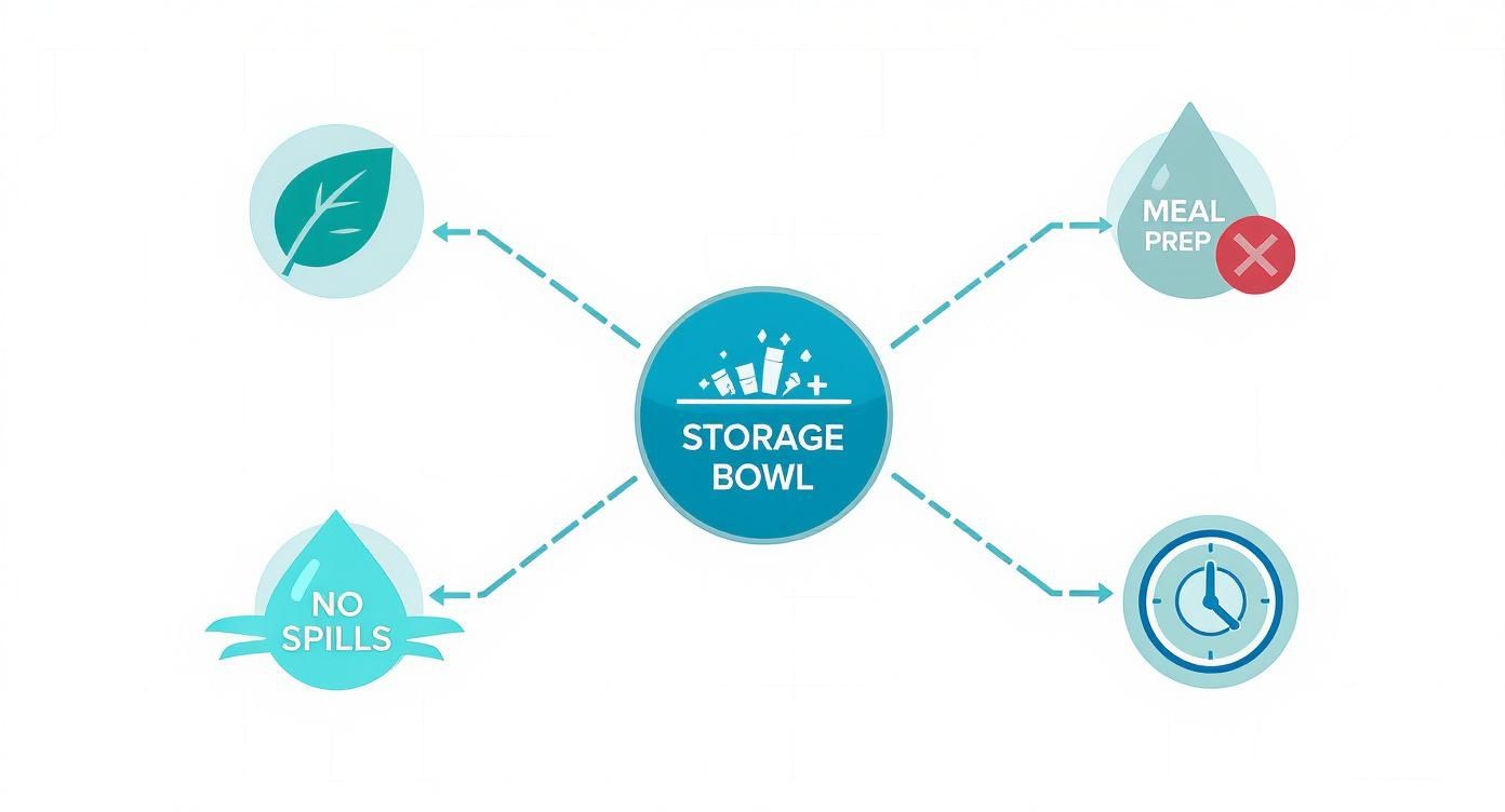 Diagram showing storage bowl benefits: keeps food fresh, prevents spills, reduces meal prep, and saves time.