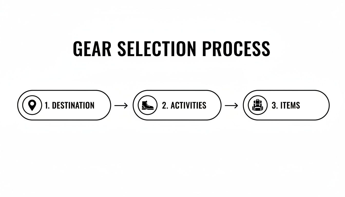 A flowchart illustrates the gear selection process for outdoor activities, covering destination, activities, and items.