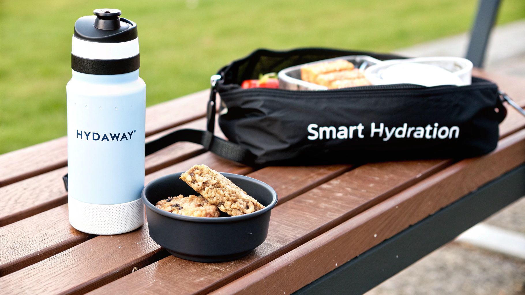 A light blue HYDAWAY water bottle, a snack bowl, and a black "Smart Hydration" bag on a park bench.