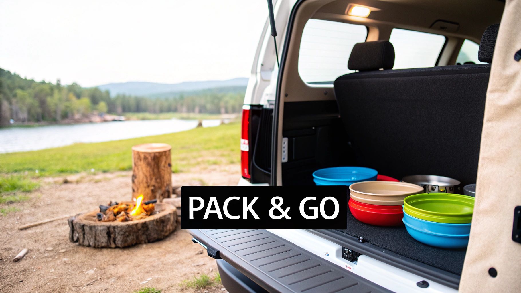 Collapsible bowls and camping gear packed in a van, ready for a trip by a lake with a campfire.