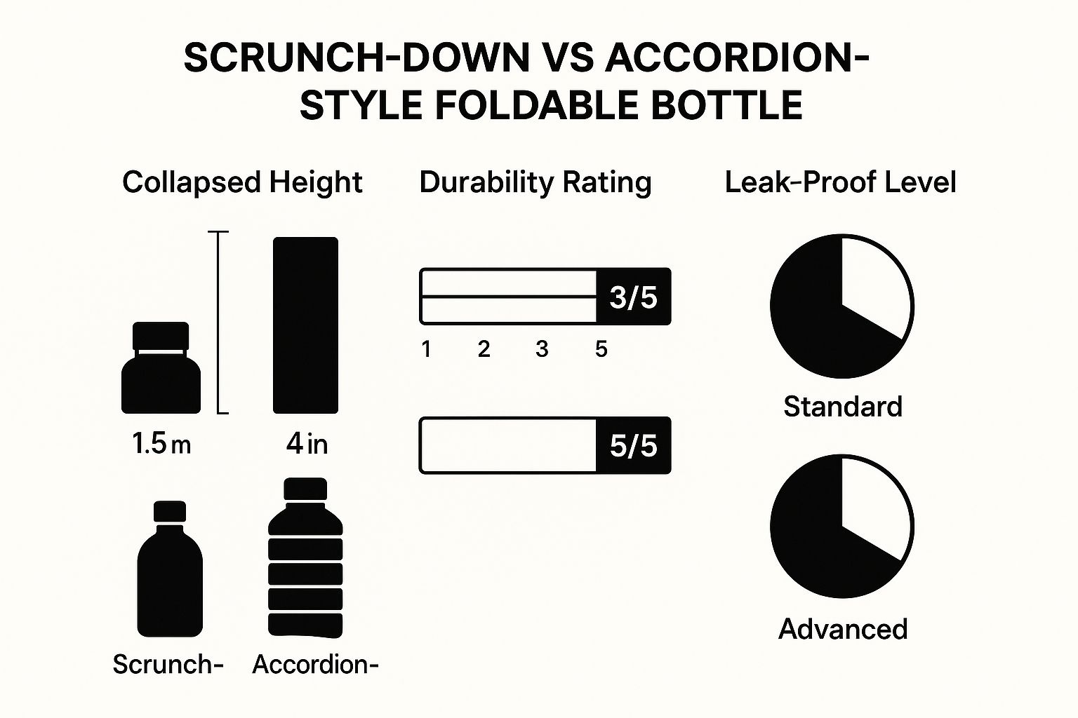 An infographic comparing the collapsed height, durability, and leak-proof level of scrunch-down versus accordion-style foldable water bottles.