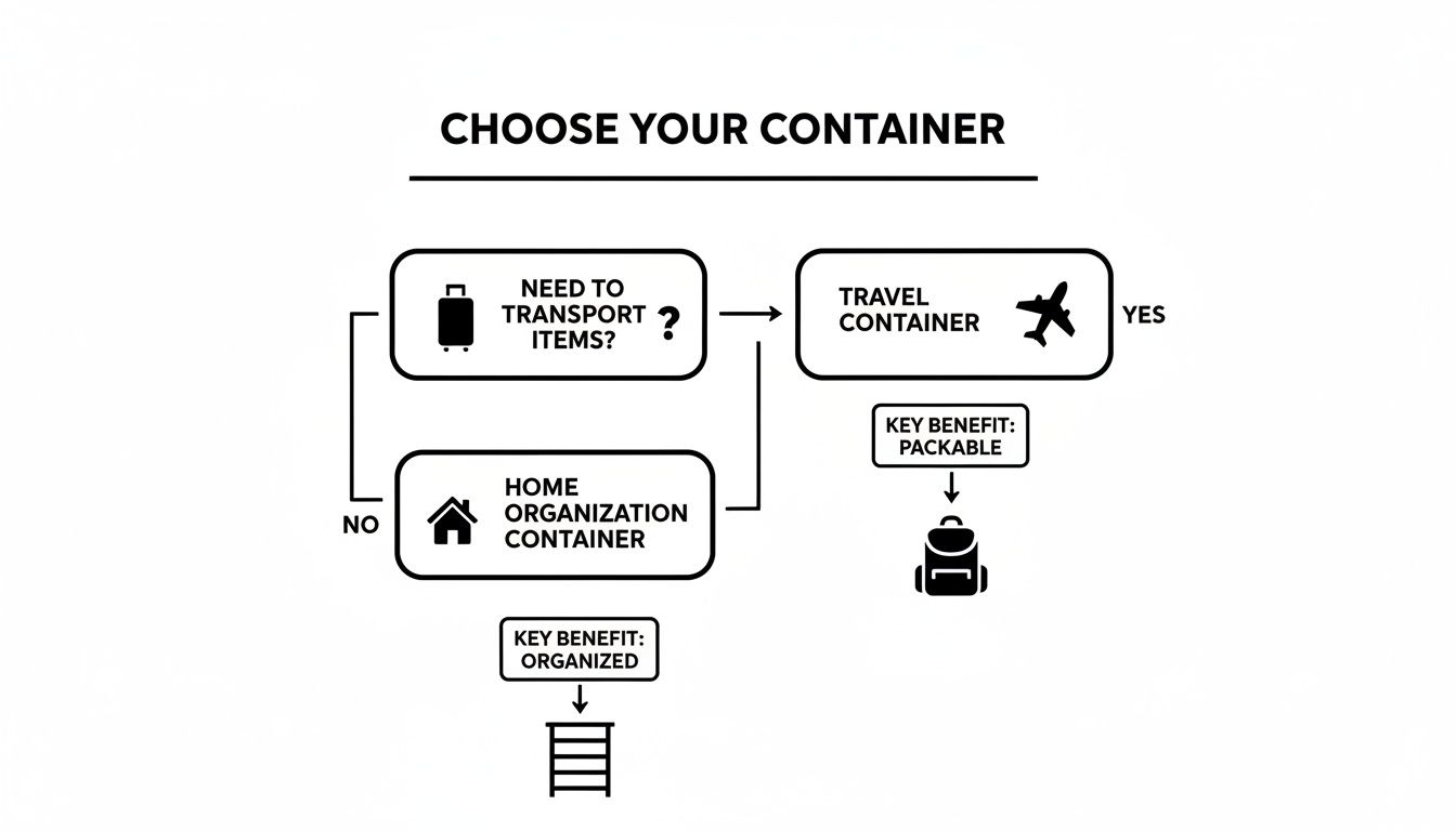 A flowchart guiding container choice: travel containers for transport, home organization for static storage.