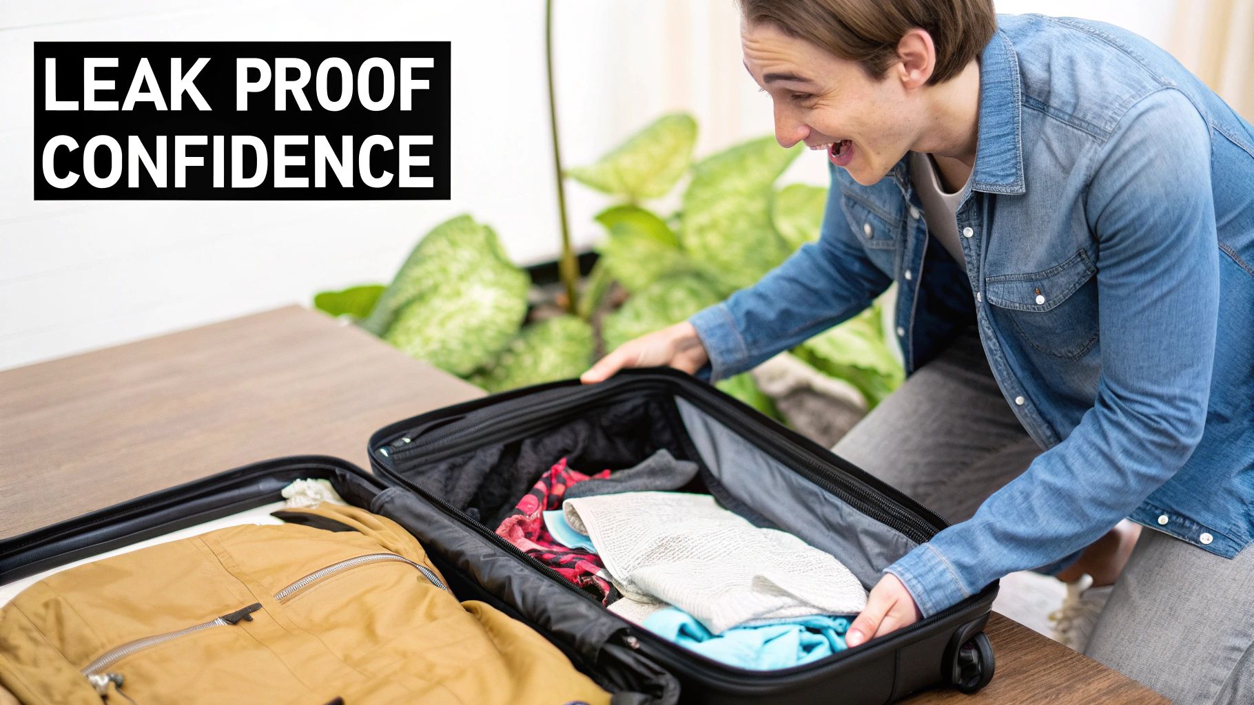A person packing a HYDAWAY collapsible bottle into their luggage, showcasing its space-saving and leak-proof design.