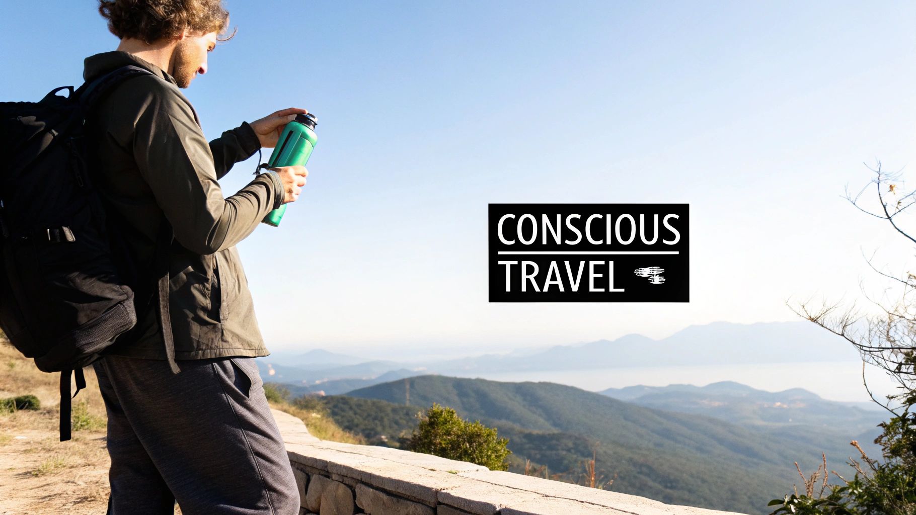 A conscious traveler with a backpack holds a reusable water bottle, overlooking a beautiful mountain vista.