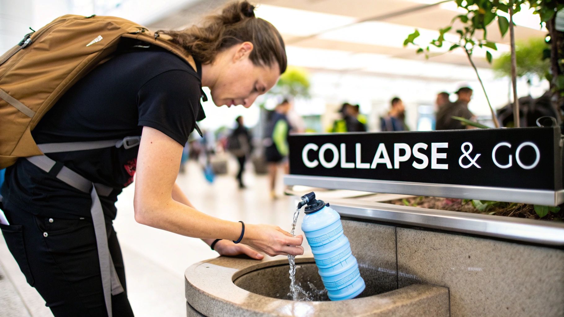 Woman holding a blue HYDAWAY collapsible water bottle in a sunny outdoor setting