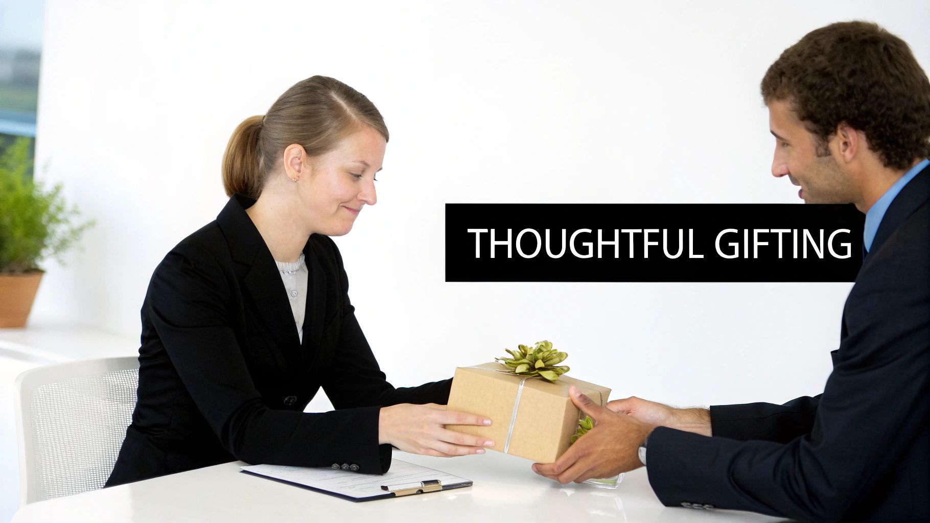 Two business professionals exchanging a thoughtful gift box at a white table in an office.
