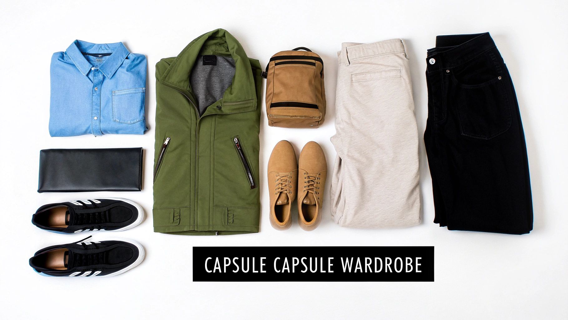 A well-organized men's capsule wardrobe flat lay featuring shirts, jackets, pants, shoes, and accessories on a white background.