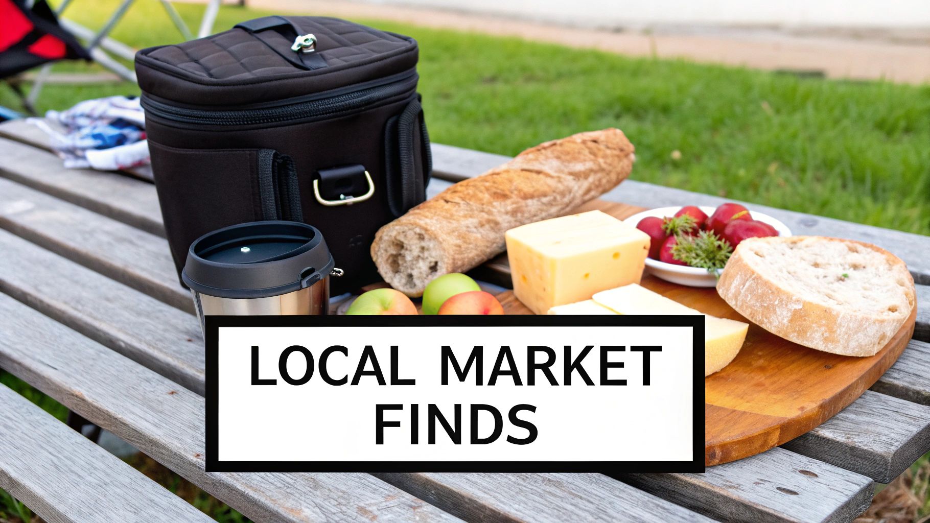 A charming picnic spread on a wooden bench featuring local market finds like bread, cheese, fruits, and a cooler bag.