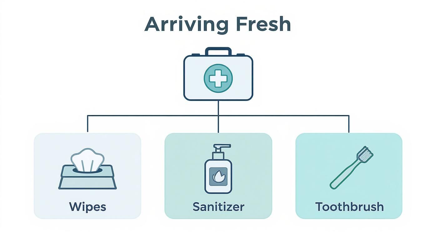 Infographic illustrating travel hygiene essentials: wipes, sanitizer, and a toothbrush for arriving fresh.
