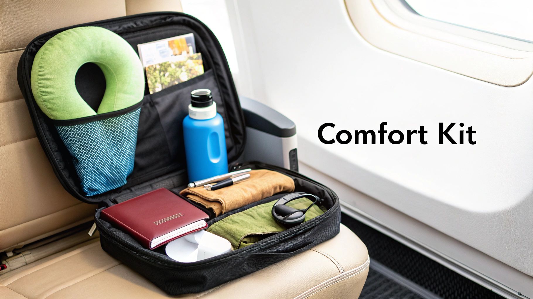 An open black travel comfort kit bag filled with essentials on an airplane seat by a window.