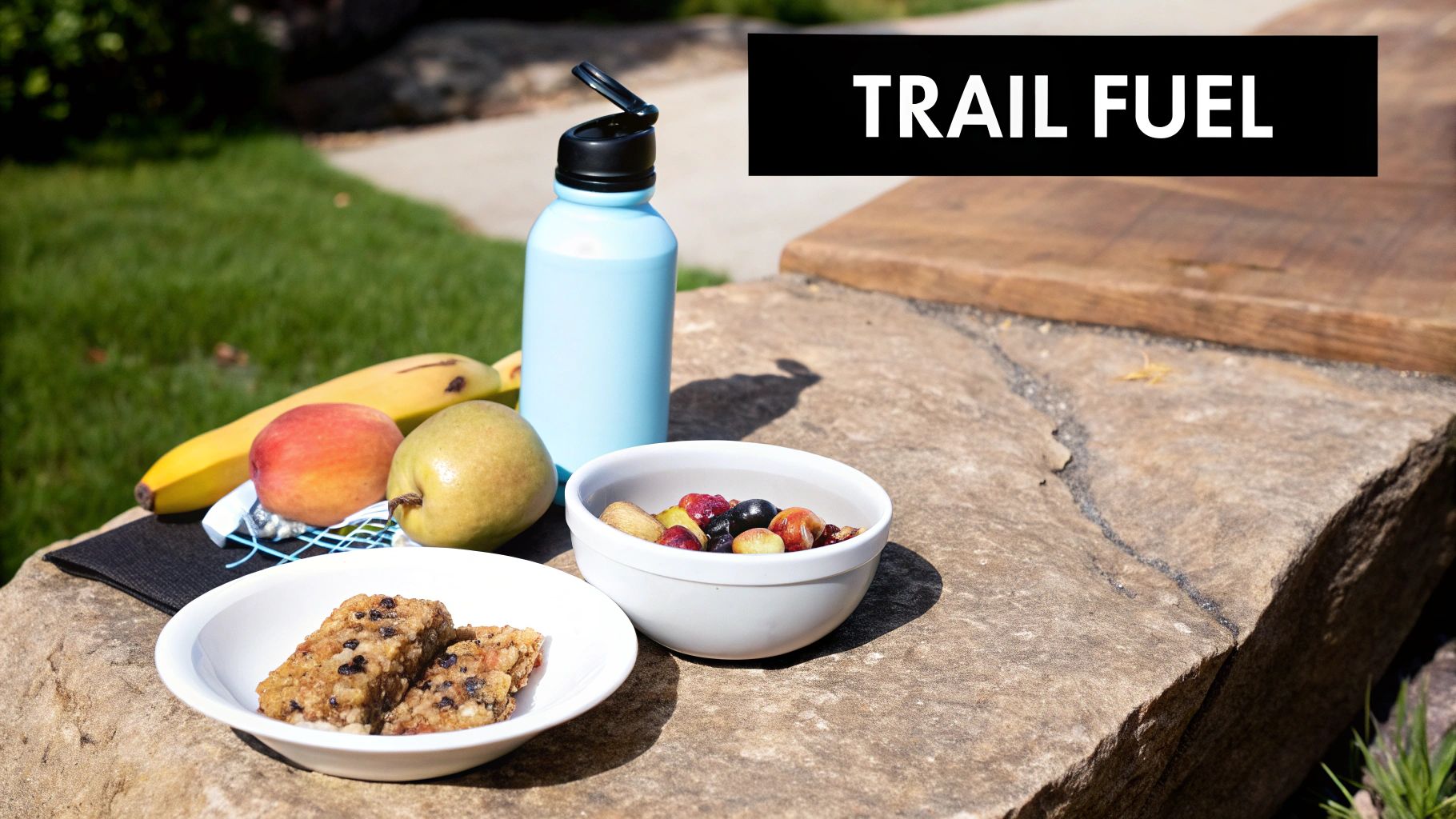 Healthy trail snacks including fruit, granola bars, and a water bottle for a day hike.