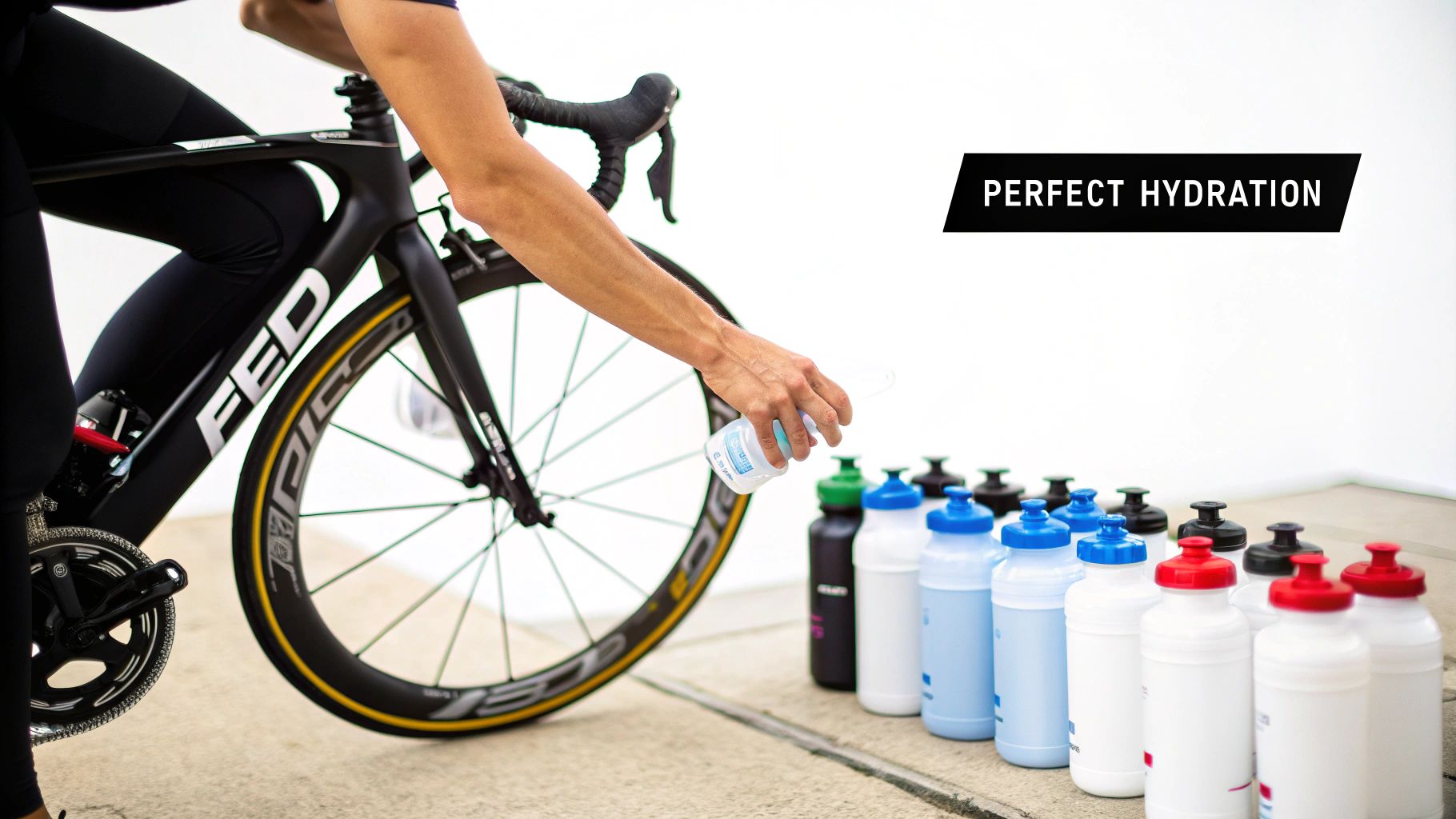 A cyclist grabbing a water bottle from a line of colorful sports bottles, emphasizing perfect hydration.