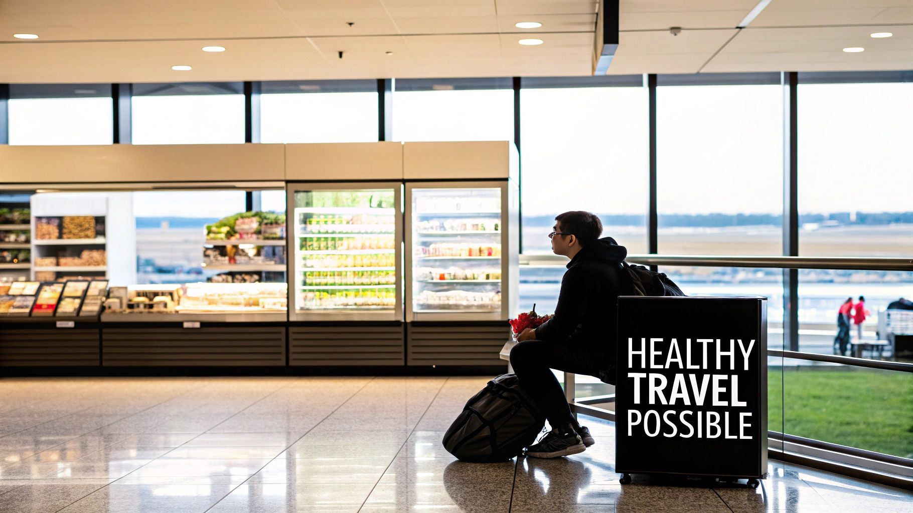 A traveler enjoys a fruit cup at an airport food stand, emphasizing healthy eating during travel.