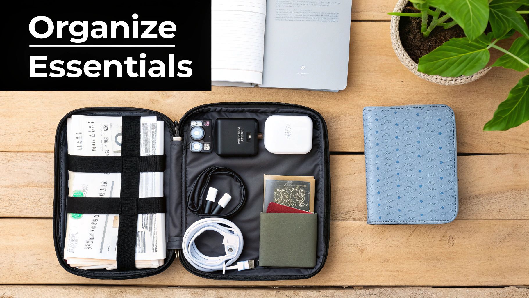 Flat lay of an open black travel organizer case filled with papers, electronics, and travel documents on a wooden table.