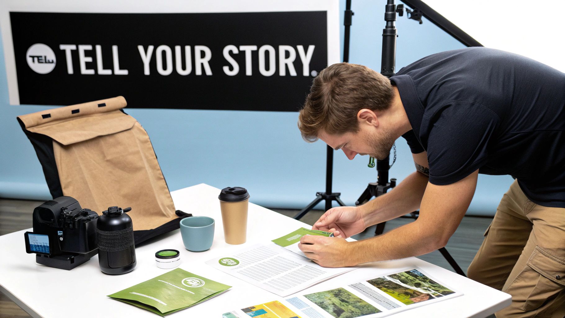 A man reviewing eco-friendly promotional materials and products on a table with a 'TELL YOUR STORY' banner.
