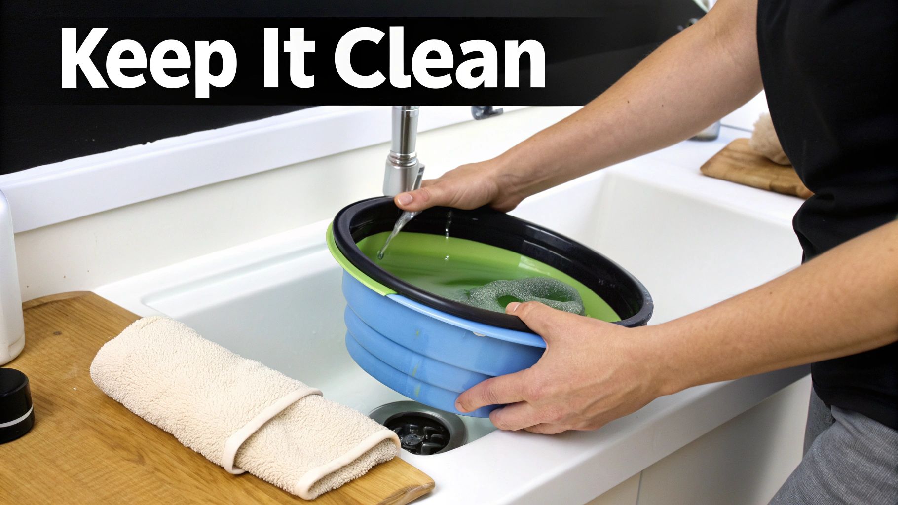 A person's hands fill a blue and green collapsible water bucket in a white kitchen sink.
