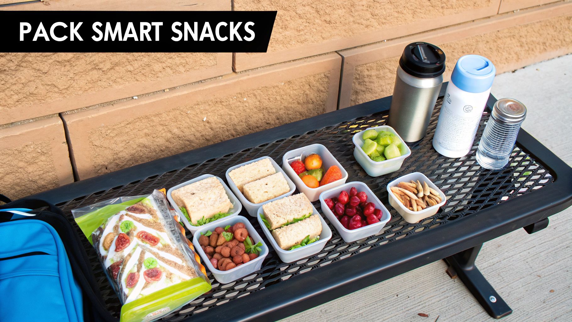 Various containers of smart snacks, including sandwiches, fruit, and drinks, packed for an outing.