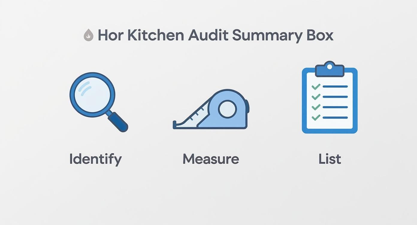 An infographic showing the three steps of a kitchen audit: Identify, Measure, and List, with corresponding icons of a magnifying glass, a tape measure, and a clipboard.