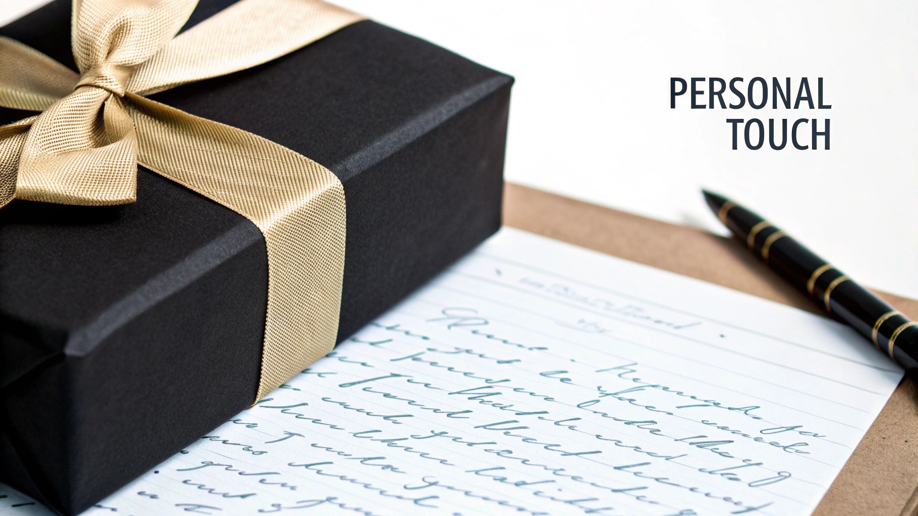 A black gift box with a gold ribbon next to a handwritten letter and a pen, symbolizing a personal touch.