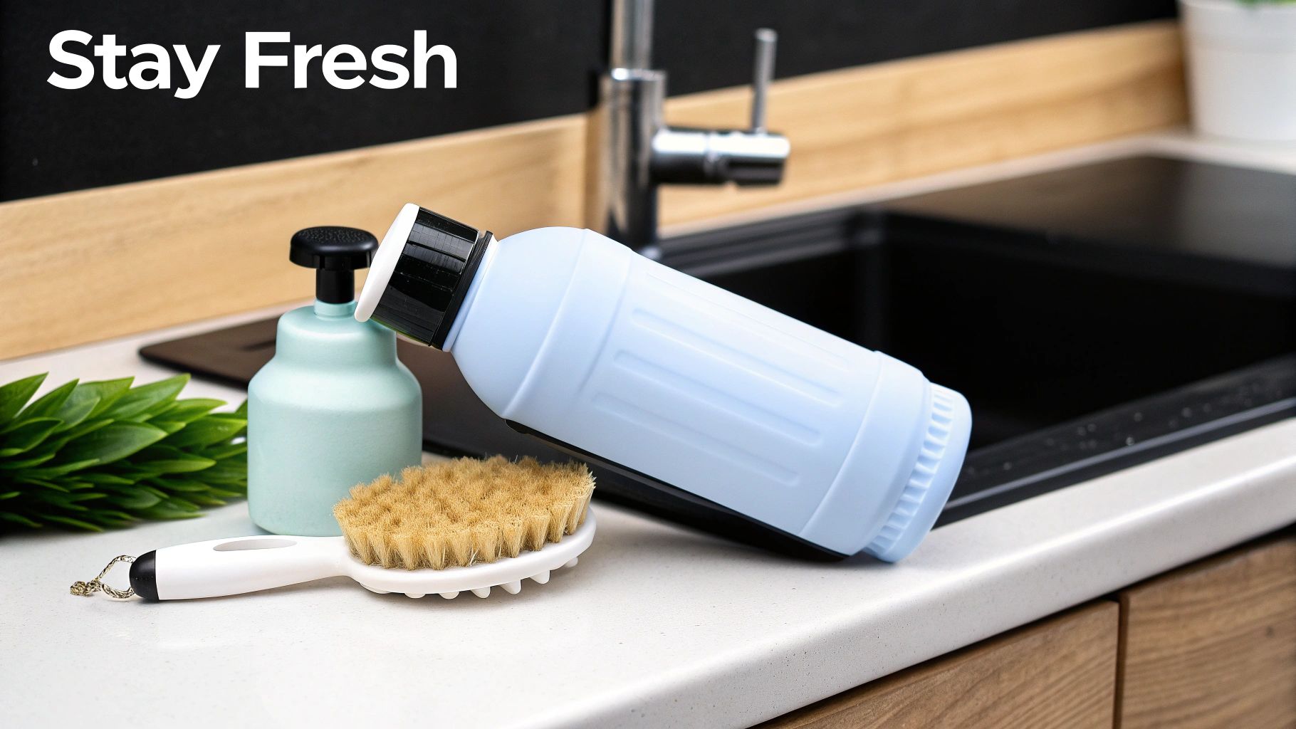A person cleaning a collapsible water bottle in a sink