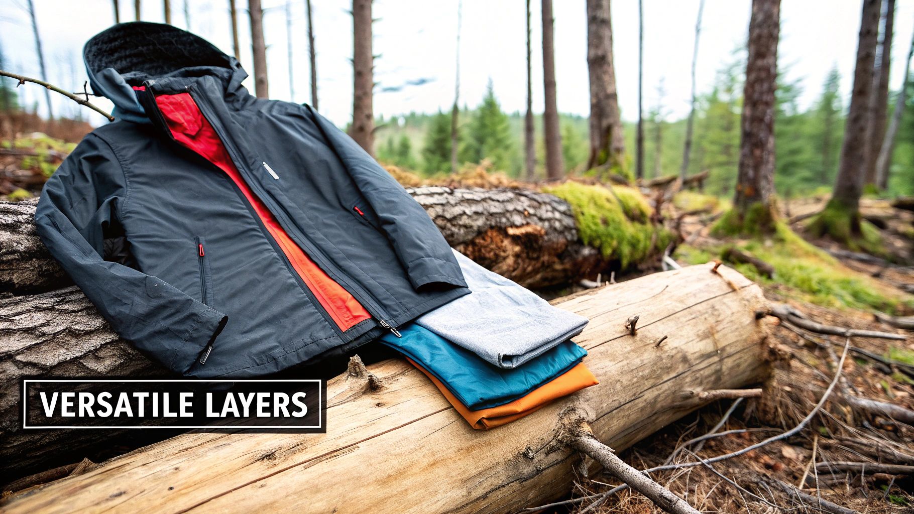 A hiker layering up with a rain jacket over a fleece in the mountains.
