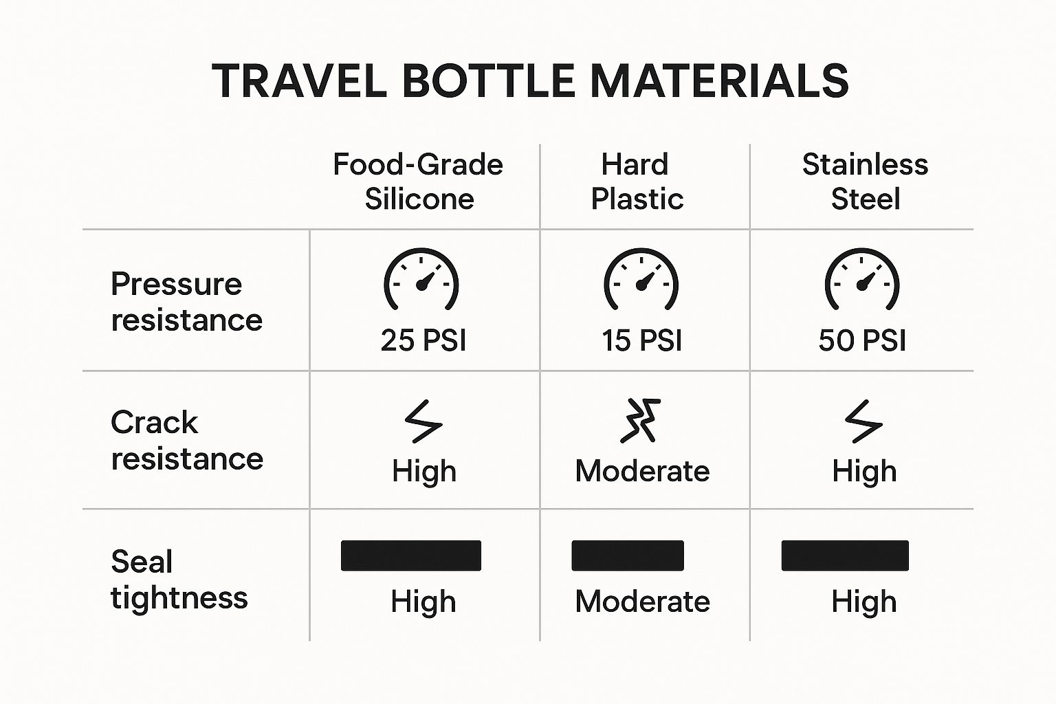 An infographic comparing the pressure resistance, crack resistance, and seal tightness of food-grade silicone, hard plastic, and stainless steel travel bottles.