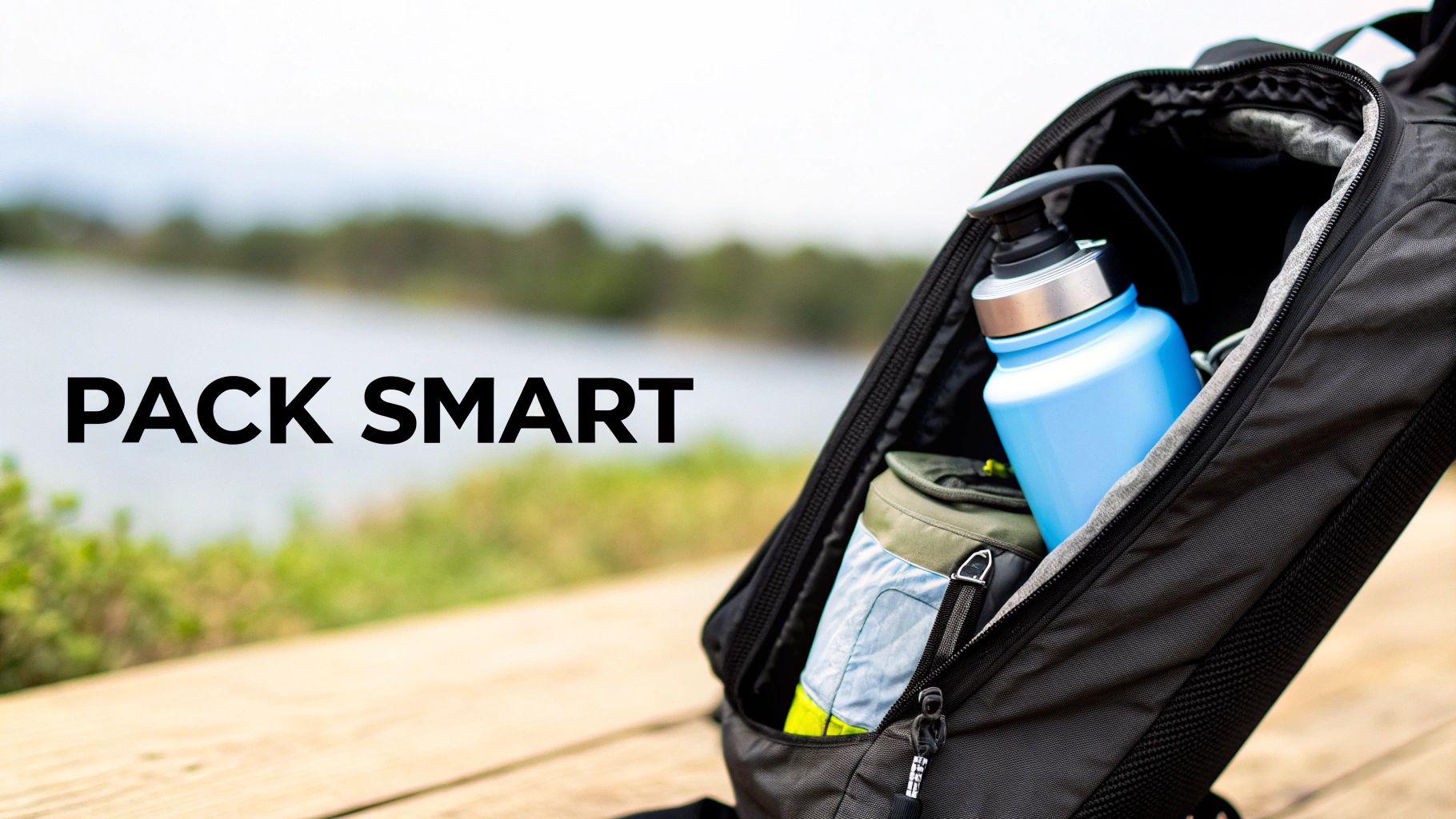 A hiker fills a collapsible water bottle in a stream