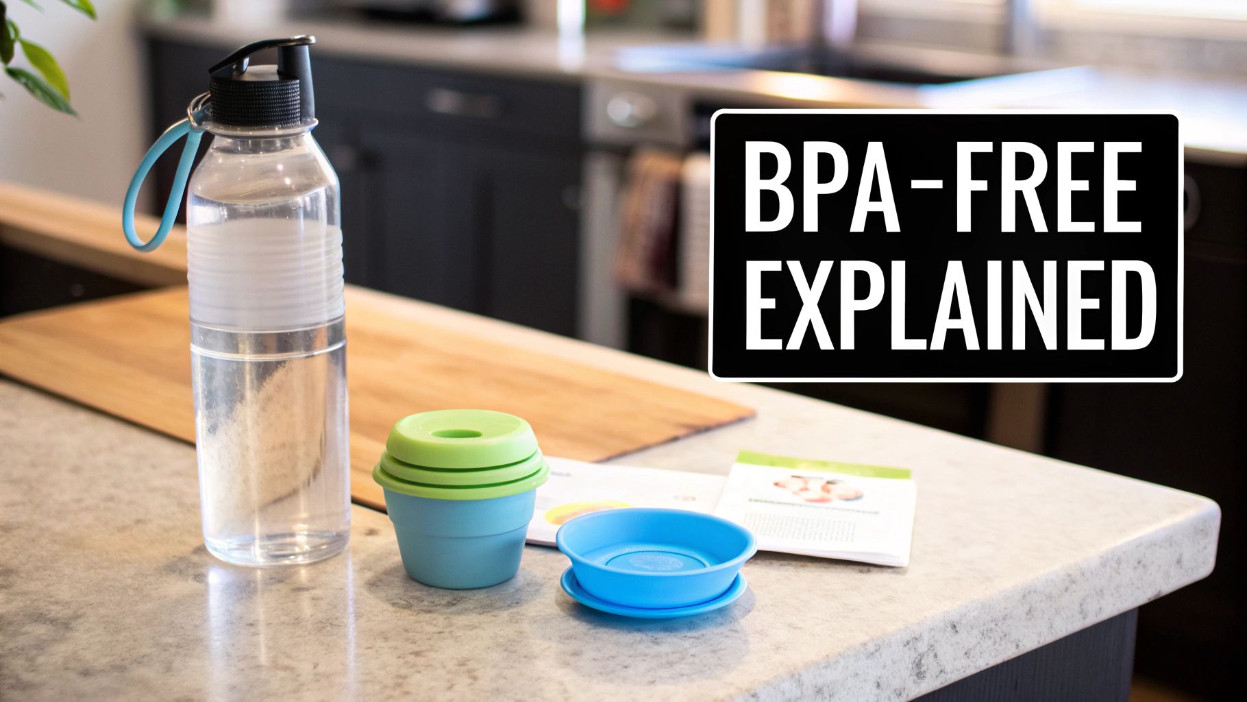 A clear water bottle, blue and green containers, and a pamphlet on a kitchen counter with a 'BPA-FREE EXPLAINED' sign.