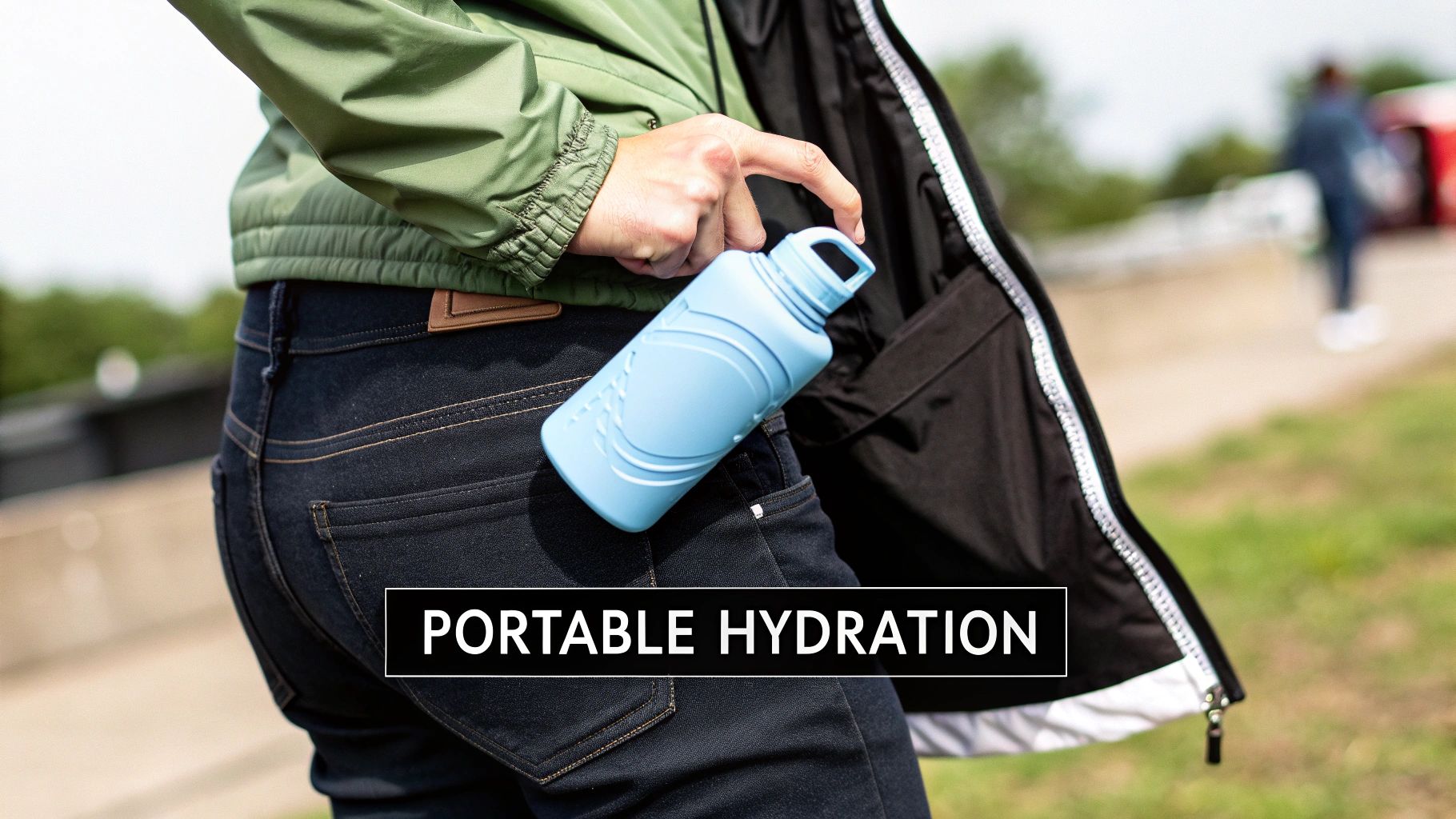 Person in a green jacket holding a blue reusable water bottle, emphasizing portable hydration outdoors.