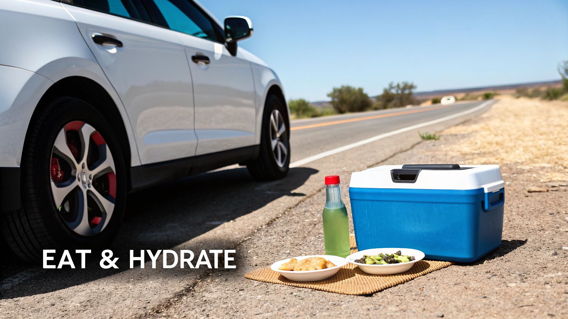 A white car, blue cooler, green drink, and food on a mat for a roadside road trip stop.