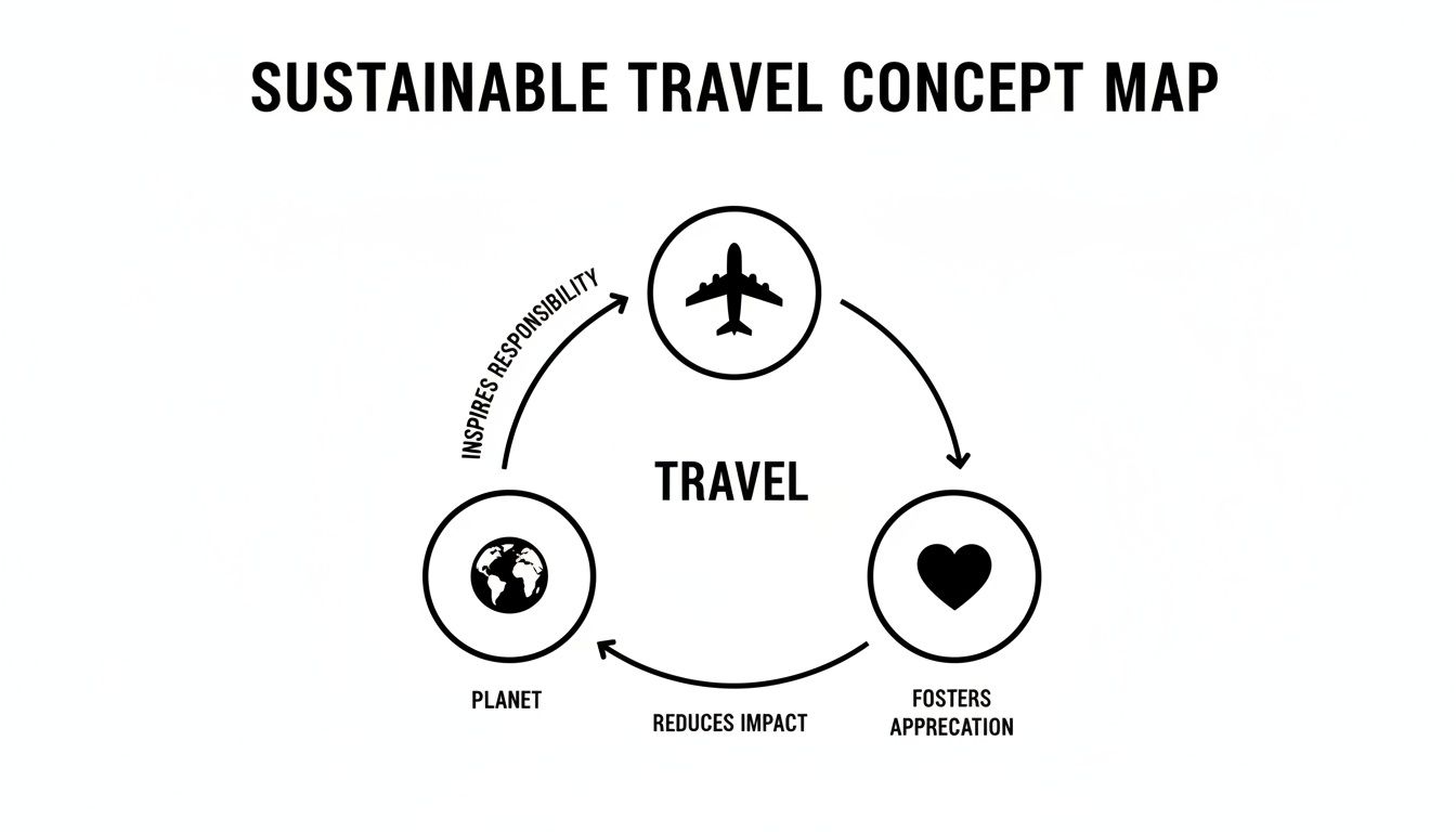 A concept map illustrating the cyclical relationship of sustainable travel with planet and appreciation.