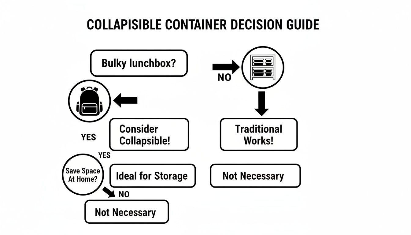 Decision guide flowchart comparing bulky lunchboxes with collapsible containers for storage and space-saving needs.