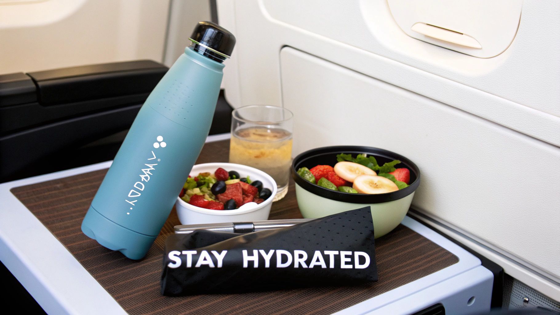 Healthy airline meal on a tray table, featuring a blue water bottle, fruit salad, and 'Stay Hydrated' pouch.